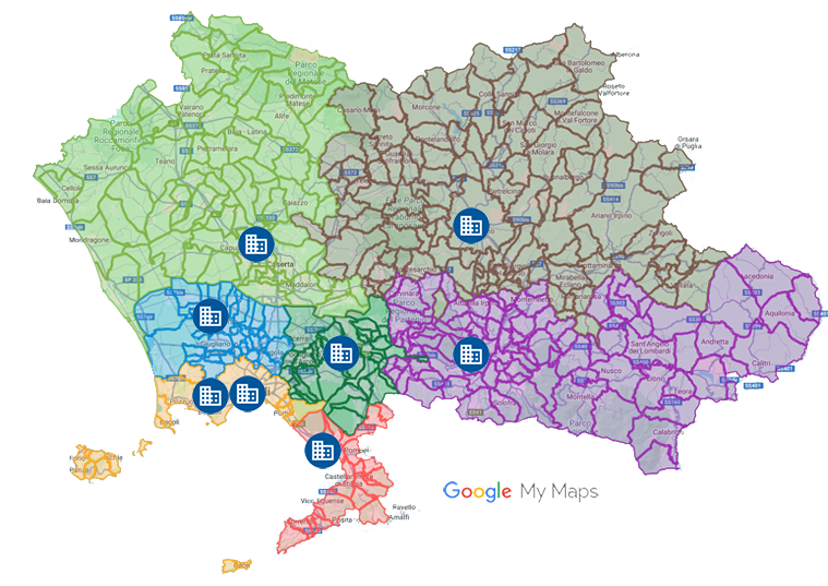 Mappa del distretto di Napoli con collocazione degli uffici requirenti